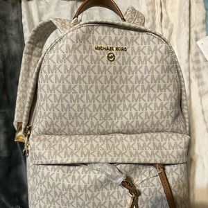 Michael Kors Vanilla/Acorn Slater with Logo Coated Canvas Backpack $378 Retail